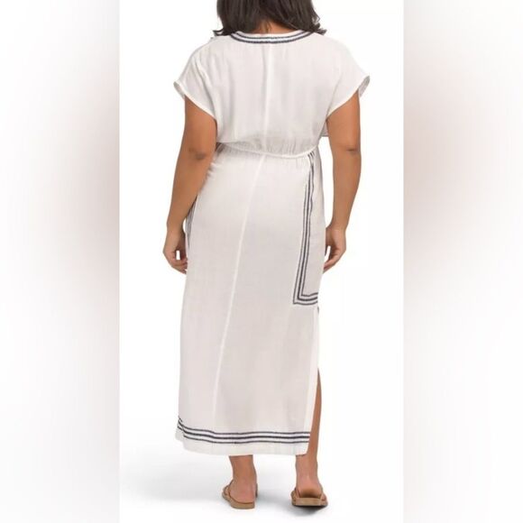 Rachel Zoe White and Navy Embroidered Cotton Kaftan Swim Cover-Up - Picture 2 of 10
